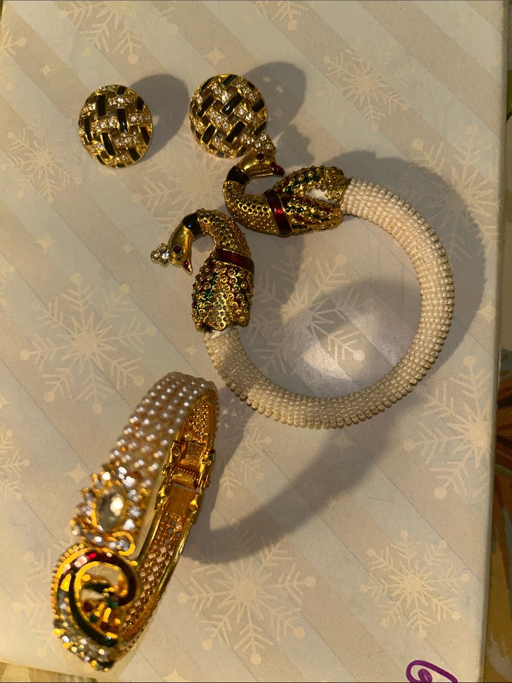 Gold-Tone Pearl Beaded Snake Cuff Bracelet - Ivory and Multicolor Accents